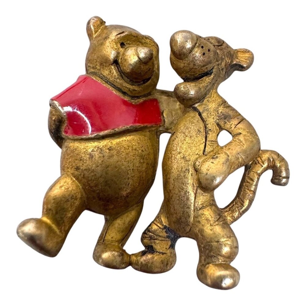 Vintage Disney Winnie & Tigger Gold Tone Enamel Brooch Pin Collectible 1.25"